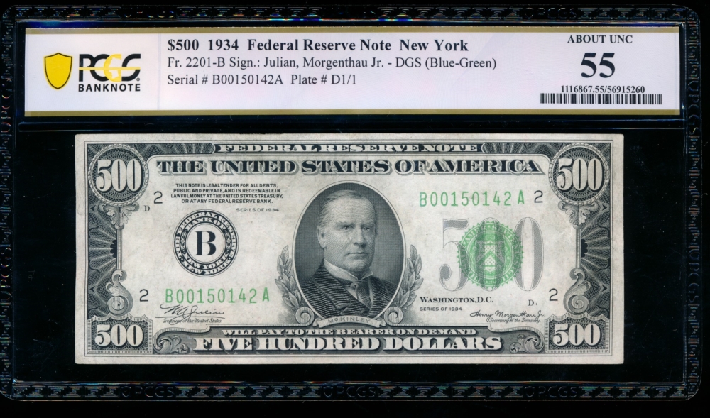 Fr. 2201-B 1934 $500  Federal Reserve Note New York PCGS 55 comment B00150142A