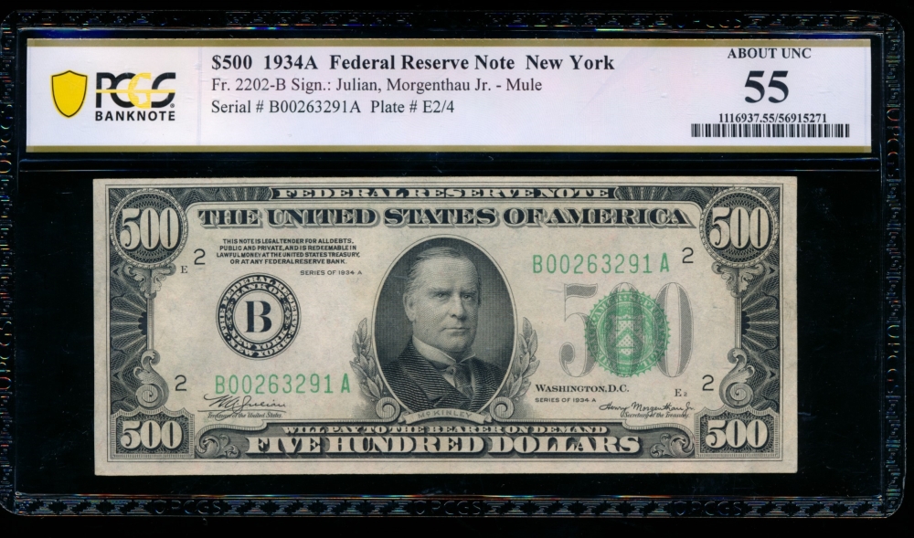 Fr. 2202-B 1934A $500  Federal Reserve Note New York PCGS 55 comment B00263291A