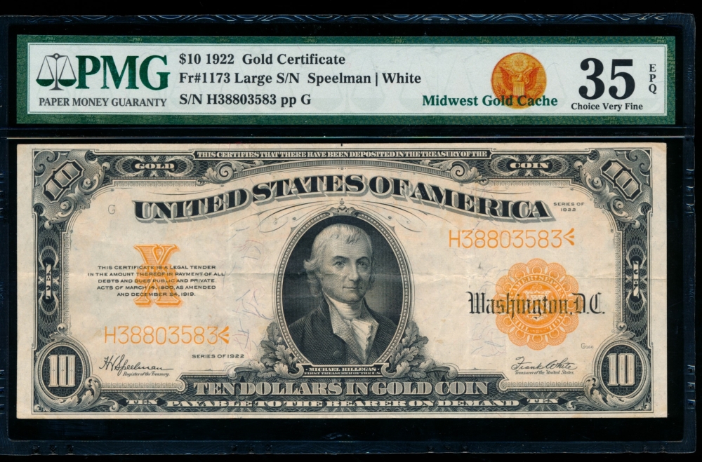 Fr. 1173 1922 $10  Gold Certificate  PMG 35EPQ H38803583