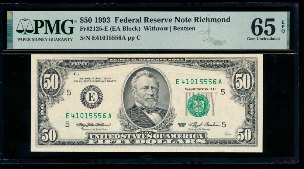 Fr. 2125-E 1993 $50  Federal Reserve Note Richmond PMG 65EPQ E41015556A