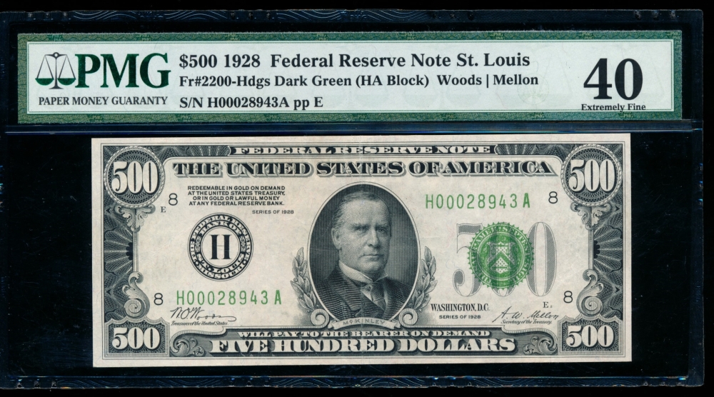 Fr. 2200-H 1928 $500  Federal Reserve Note Saint Louis PMG 40 H00028943A