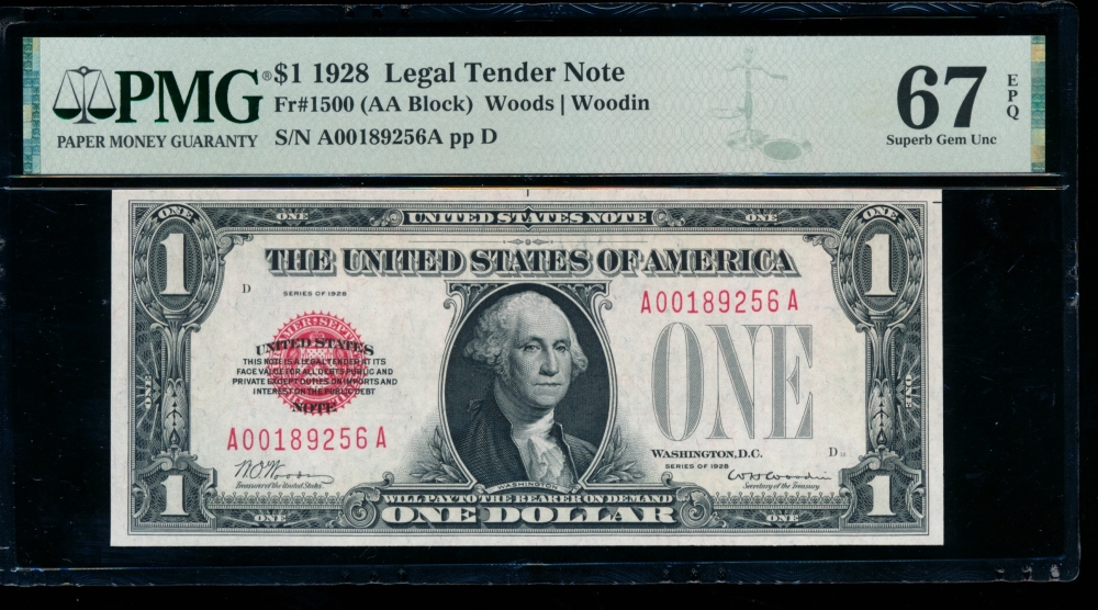 Fr. 1500 1928 $1  Legal Tender AA block PMG 67EPQ A00189256A