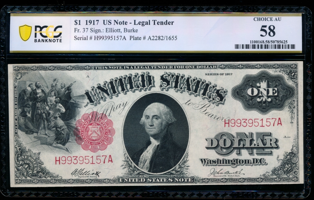 Fr. 37 1917 $1  Legal Tender  PCGS 58 H99395157A