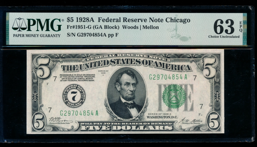 Fr. 1951-G 1928A $5  Federal Reserve Note Chicago PMG 63EPQ G29704854A
