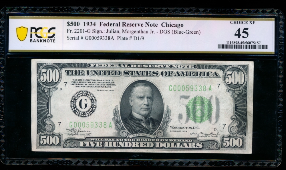 Fr. 2201-G 1934 $500  Federal Reserve Note Chicago PCGS 45 G00059338