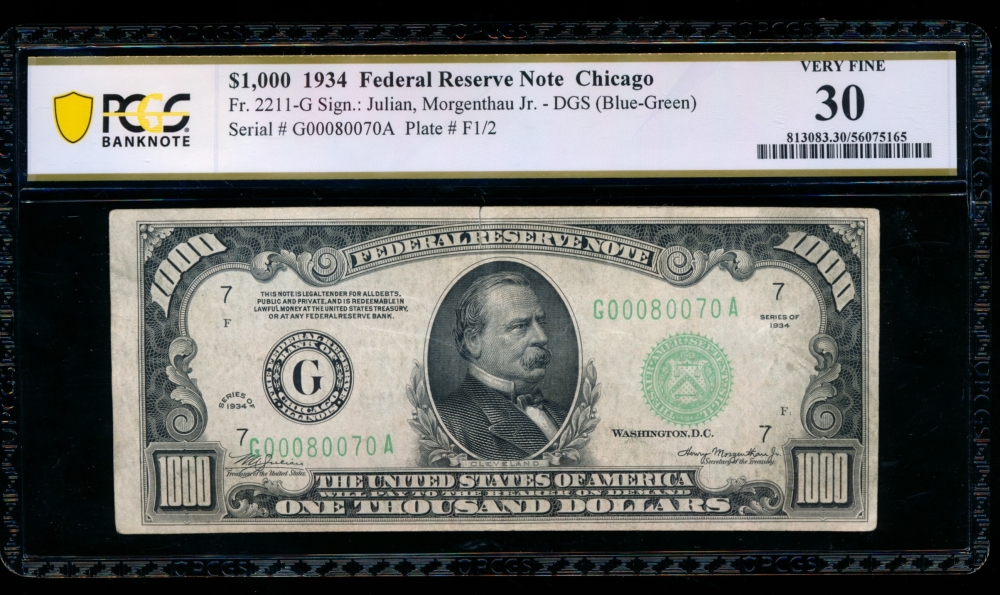 Fr. 2211-G 1934 $1,000  Federal Reserve Note Chicago PCGS 30 comment G00080070A
