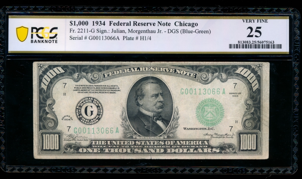 Fr. 2211-G 1934 $1,000  Federal Reserve Note Chicago PCGS 25 G00113066A