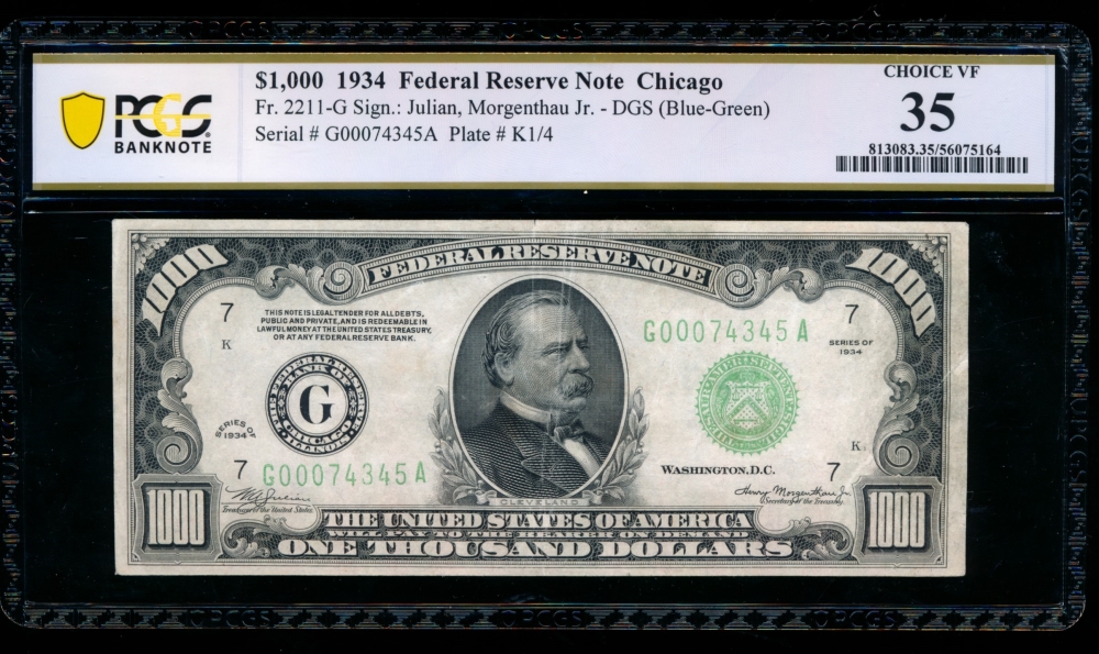 Fr. 2211-G 1934 $1,000  Federal Reserve Note Chicago PCGS 35 G00074345A