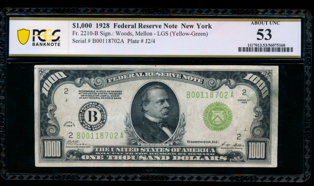 Fr. 2210-B 1928 $1,000  Federal Reserve Note New York LGS PCGS 53 B00118702A