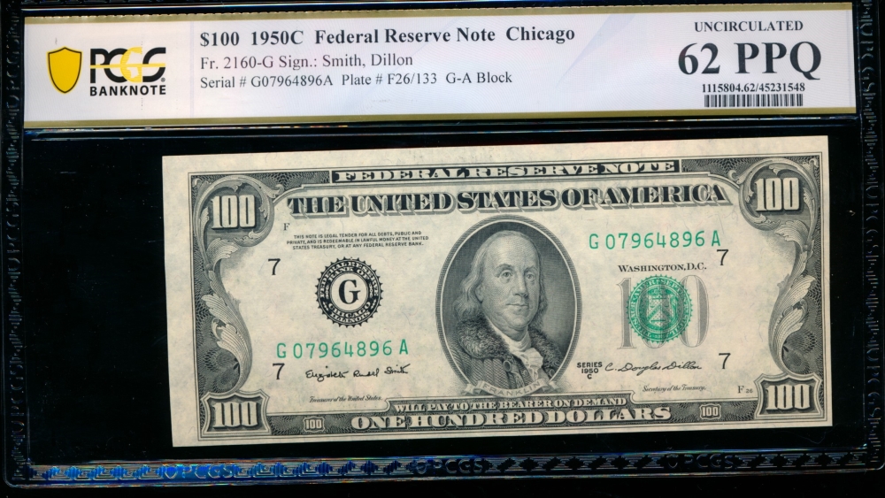 Fr. 2160-G 1950C $100  Federal Reserve Note Chicago PCGS 62PPQ G07964896A