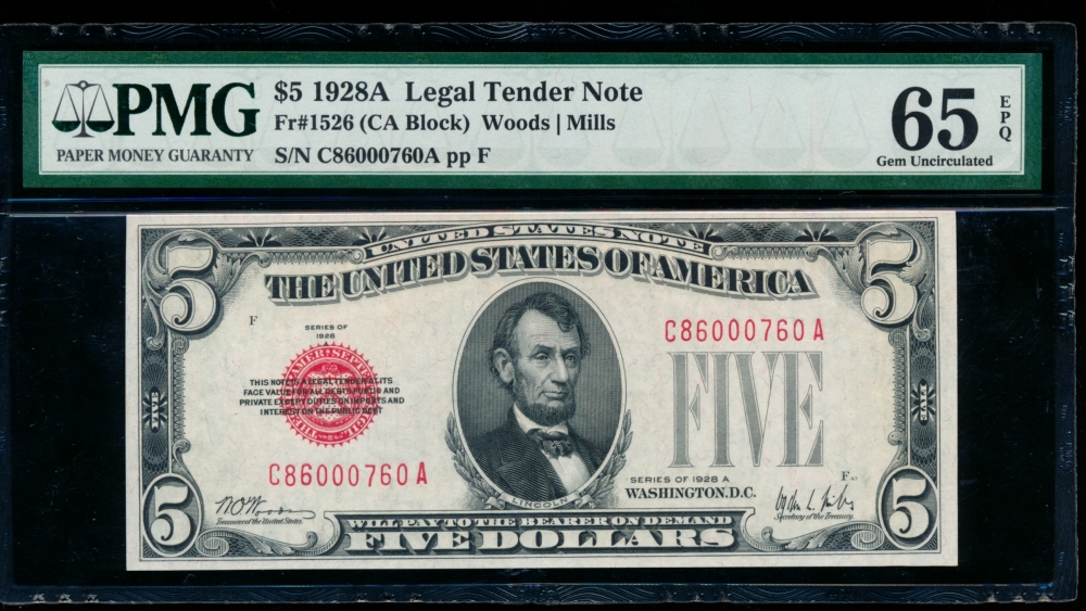 Fr. 1526 1928A $5  Legal Tender CA block PMG 65EPQ C86000760A