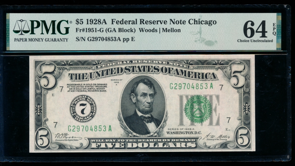 Fr. 1951-G 1928A $5  Federal Reserve Note Chicago PMG 64EPQ G29704853A