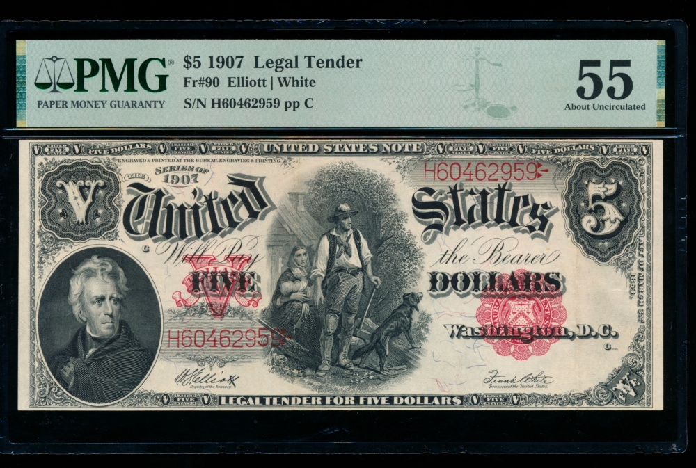 Fr. 90 1907 $5  Legal Tender  PMG 55 H60462959