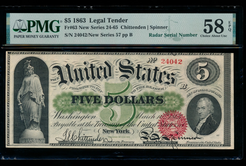 Fr. 63 1863 $5  Legal Tender radar PMG 58EPQ 57-24042
