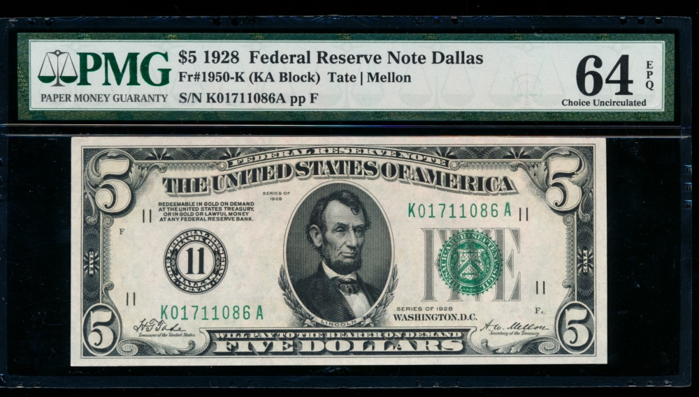 Fr. 1950-K 1928 $5  Federal Reserve Note Dallas PMG 64EPQ K01711086A