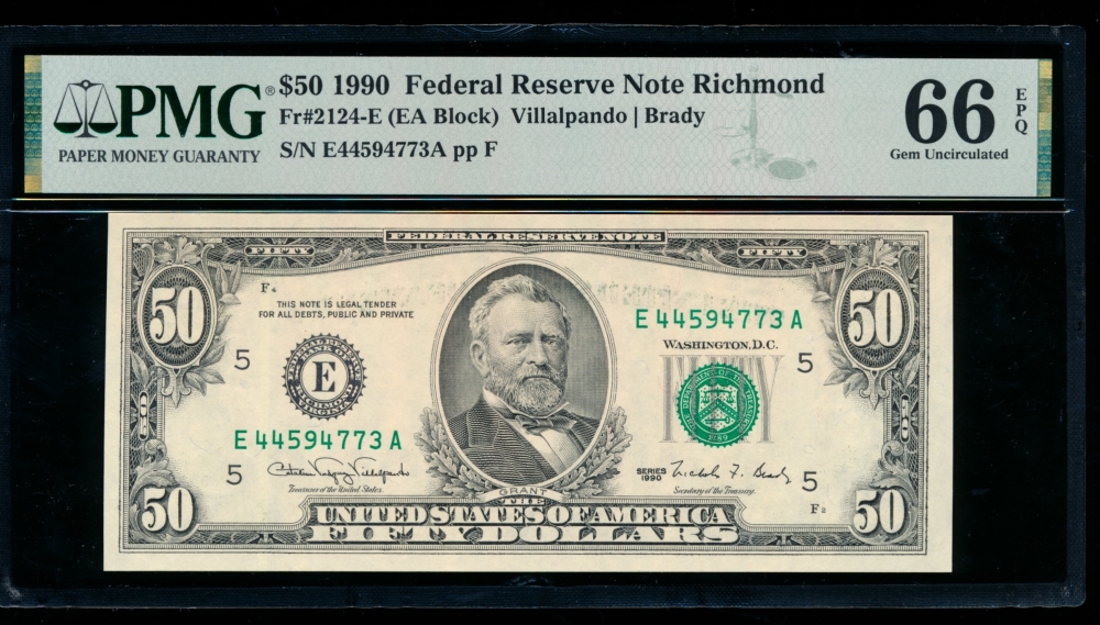 Fr. 2124-E 1990 $50  Federal Reserve Note Richmond PMG 66EPQ E44594773A