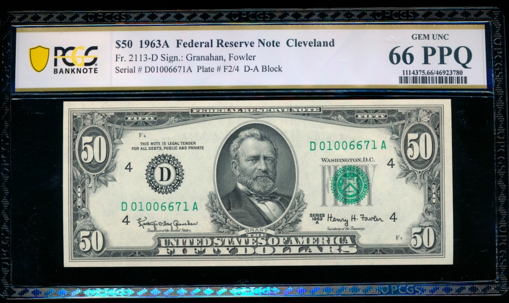 Fr. 2113-D 1963A $50  Federal Reserve Note Cleveland PCGS 66PPQ D01006671A