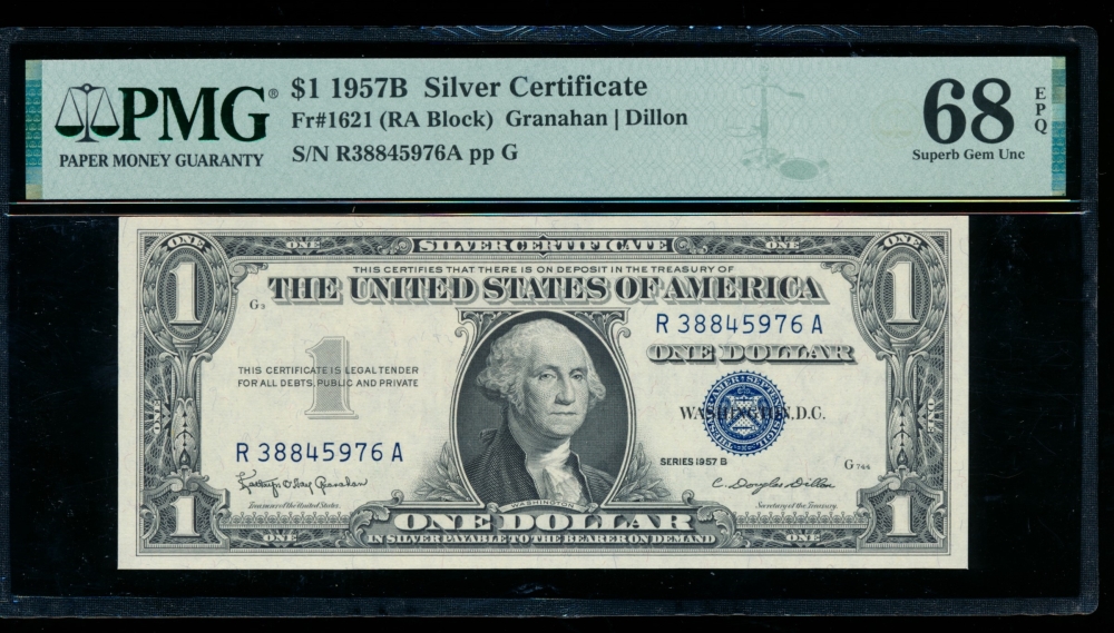 Fr. 1621 1957B $1  Silver Certificate RA block PMG 68EPQ R38845976A