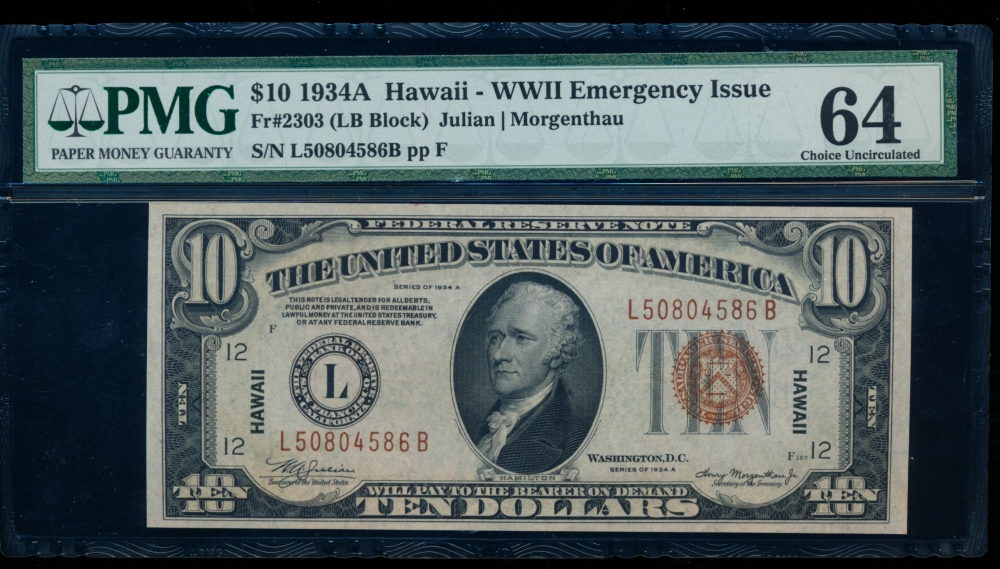 Fr. 2303 1934A $10  Hawaii  PMG 64 L50804586B