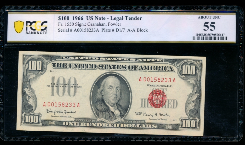 Fr. 1550 1966 $100  Legal Tender AA block PCGS 55 A00158233A