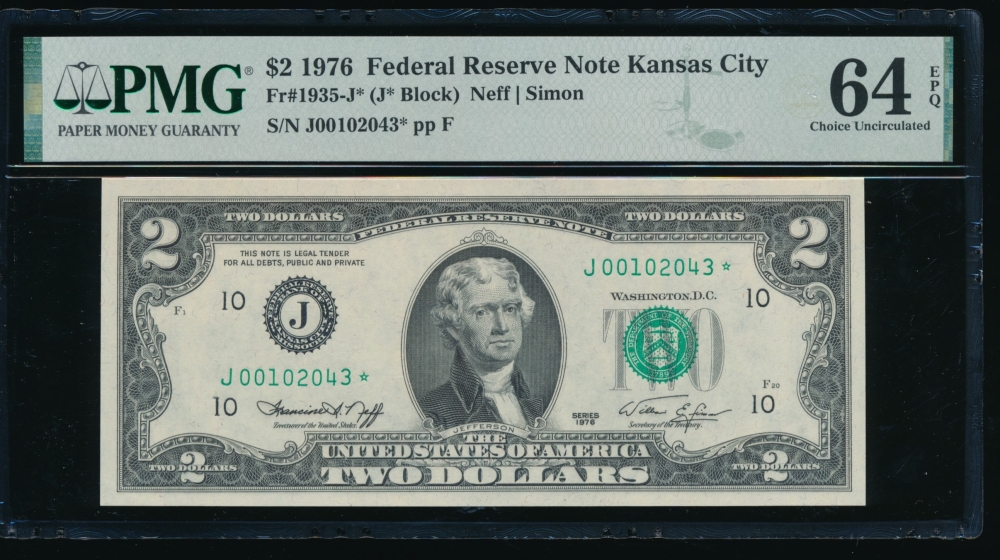 Fr. 1935-J 1976 $2  Federal Reserve Note Kansas City star PMG 64EPQ J00102043*
