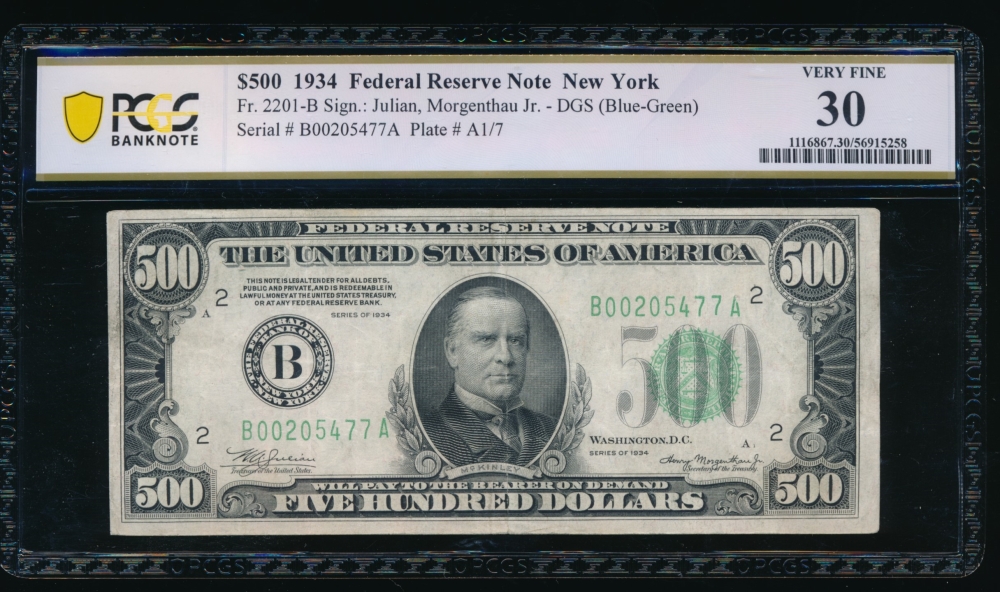 Fr. 2201-B 1934 $500  Federal Reserve Note New York PCGS 30 B00205477A