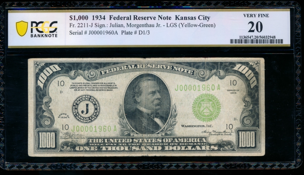 Fr. 2211-J 1934 $1,000  Federal Reserve Note Kansas City LGS PCGS 20 J00001960A