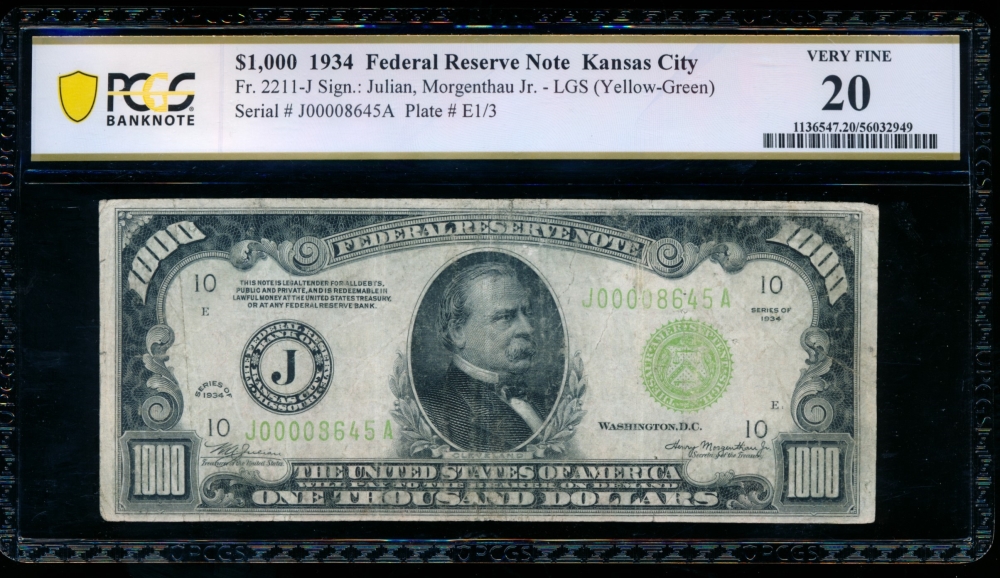 Fr. 2211-J 1934 $1,000  Federal Reserve Note Kansas City LGS PCGS 20 J00008645A