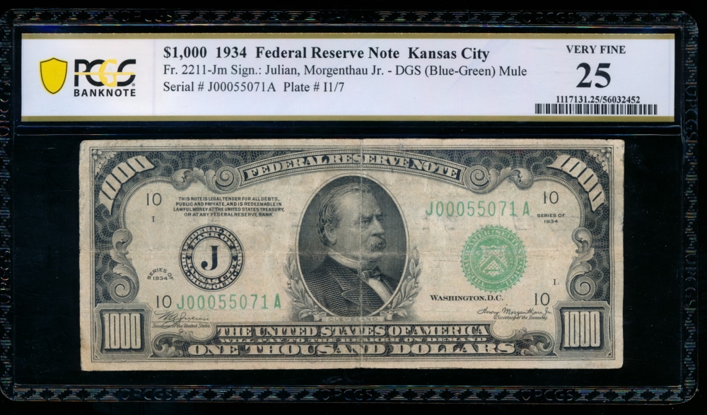 Fr. 2211-J 1934 $1,000  Federal Reserve Note Kansas City PCGS 25 comment J00055071A
