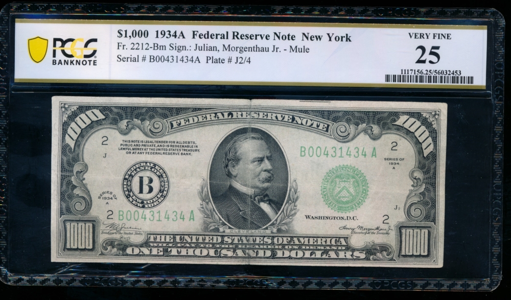 Fr. 2212-B 1934A $1,000  Federal Reserve Note New York PCGS 25 B00431434A