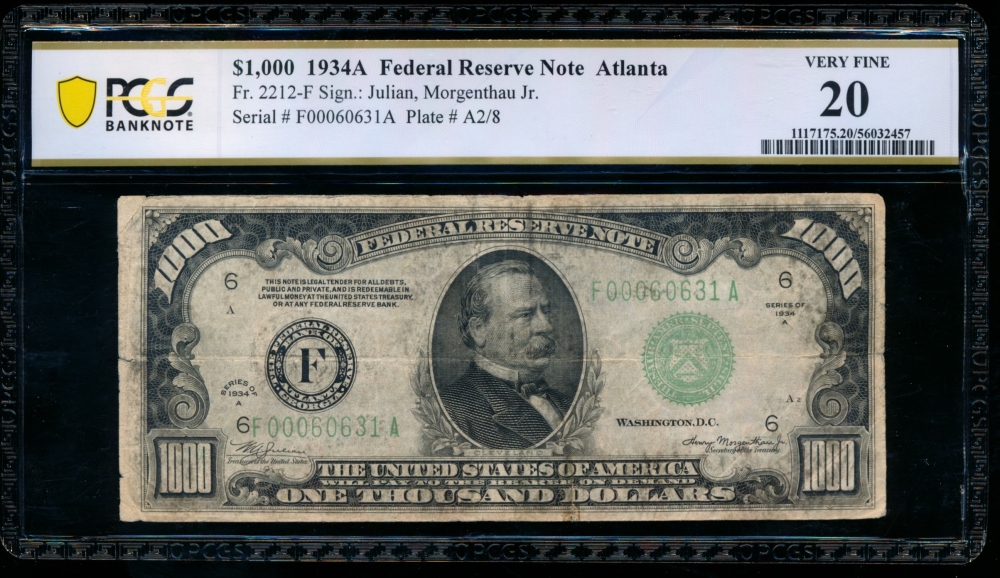 Fr. 2212-F 1934A $1,000  Federal Reserve Note Atlanta PCGS 20 comment F00060631A