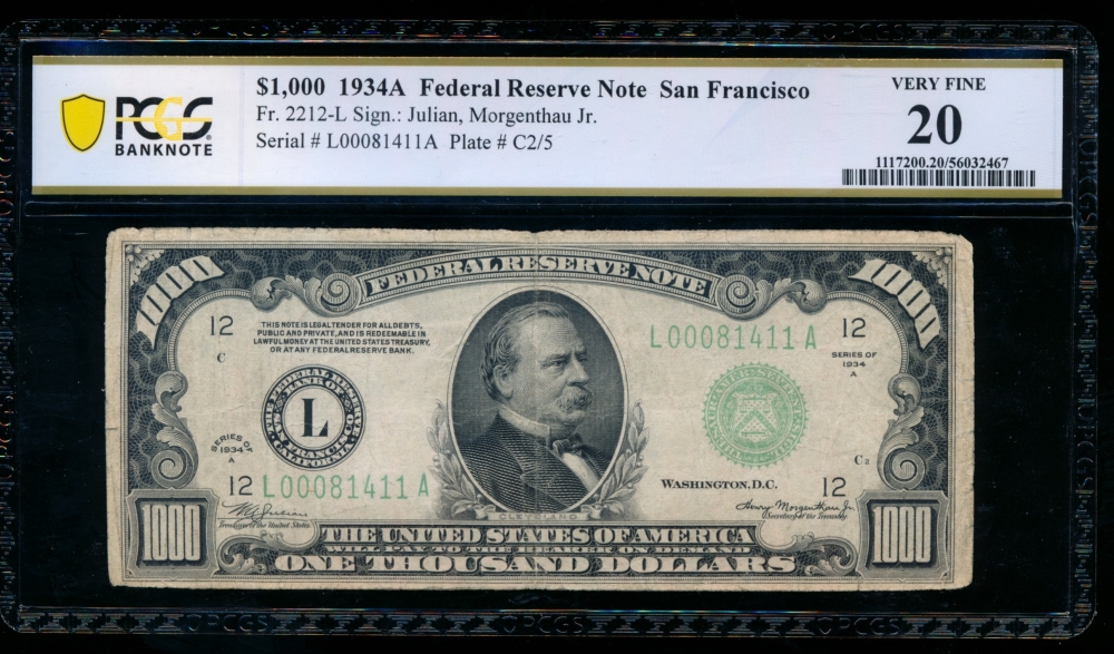 Fr. 2212-L 1934A $1,000  Federal Reserve Note San Francisco PCGS 20 L00081411A