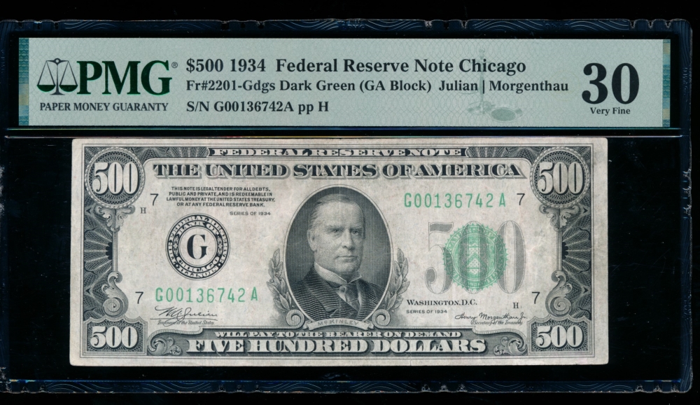 Fr. 2201-G 1934 $500  Federal Reserve Note Chicago PMG 30 G00136742A