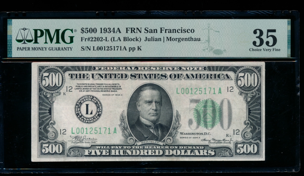 Fr. 2202-L 1934A $500  Federal Reserve Note San Francisco PMG 35 L00125171A