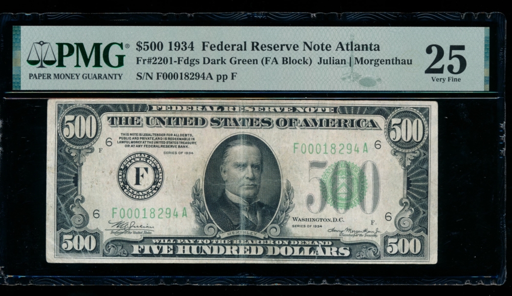 Fr. 2201-F 1934 $500  Federal Reserve Note Atlanta PMG 25 F00018294A