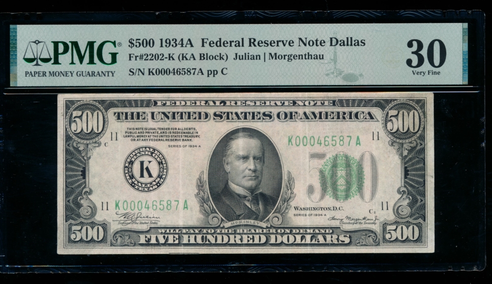Fr. 2202-K 1934A $500  Federal Reserve Note Dallas PMG 30 K00046587A