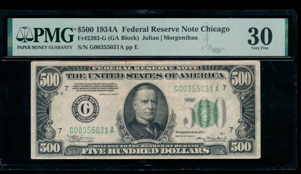 Fr. 2202-G 1934A $500  Federal Reserve Note Chicago PMG 30 G00355031A