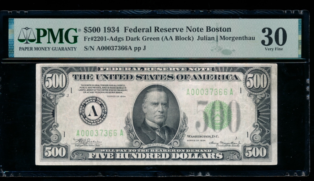 Fr. 2201-A 1934 $500  Federal Reserve Note Boston PMG 30 comment A00037366A