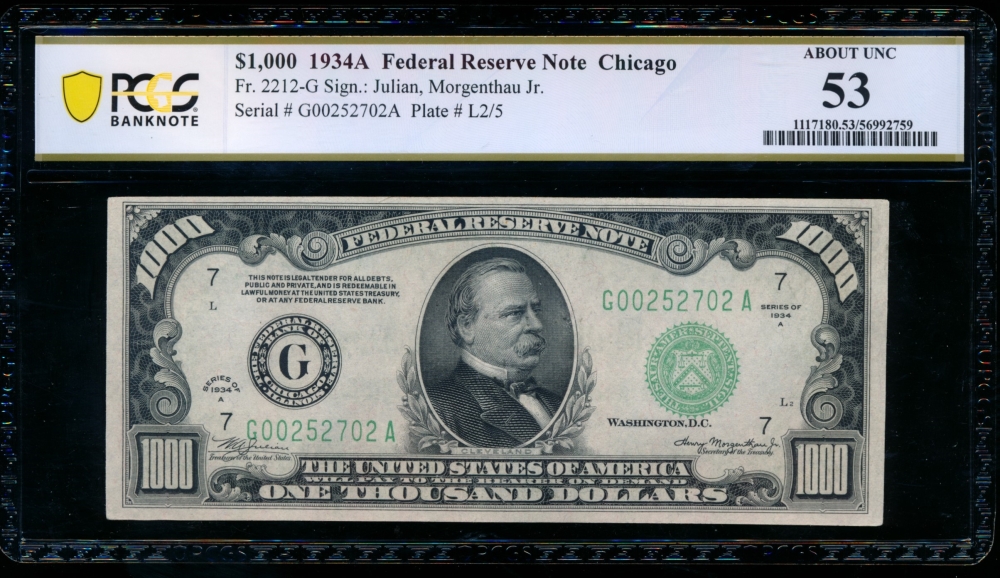 Fr. 2212-G 1934A $1,000  Federal Reserve Note Chicago PCGS 53 G00252702A