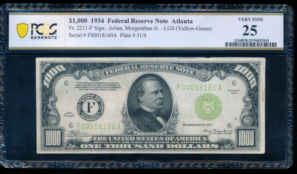 Fr. 2211-F 1934 $1,000  Federal Reserve Note Atlanta LGS PCGS 25 F00018160A