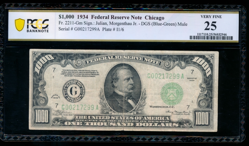 Fr. 2211-G 1934 $1,000  Federal Reserve Note Chicago PCGS 25 comment G00217299A