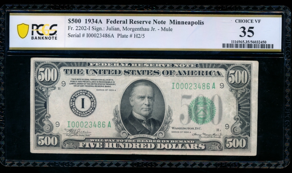 Fr. 2202-I 1934A $500  Federal Reserve Note Minneapolis PCGS 35 I00023486A