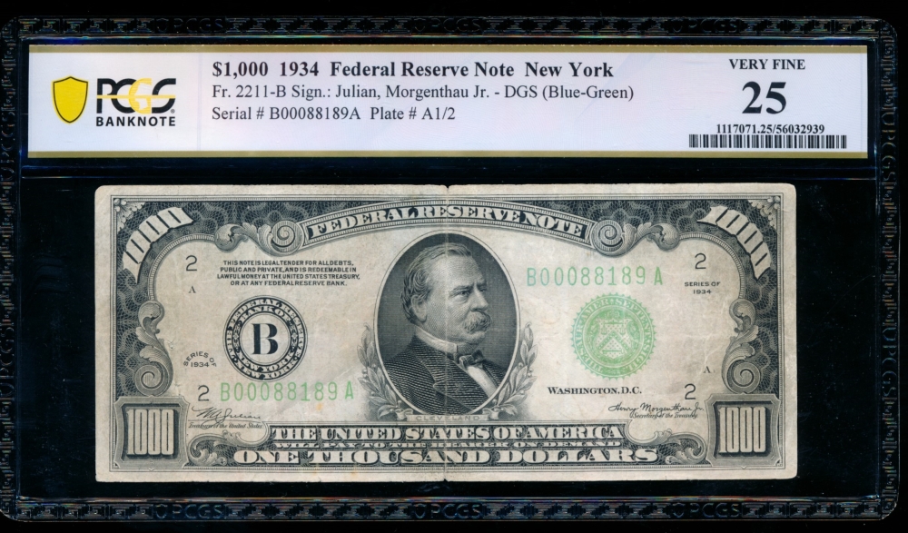 Fr. 2211-B 1934 $1,000  Federal Reserve Note New York PCGS 25 B00088189A