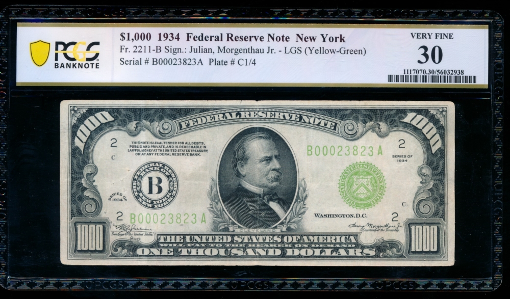 Fr. 2211-B 1934 $1,000  Federal Reserve Note New York LGS PCGS 30 comment B00023823A