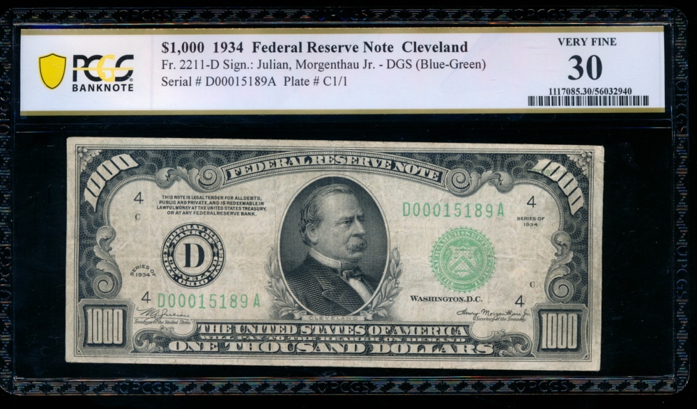 Fr. 2211-D 1934 $1,000  Federal Reserve Note Cleveland PCGS 30 D00015189A
