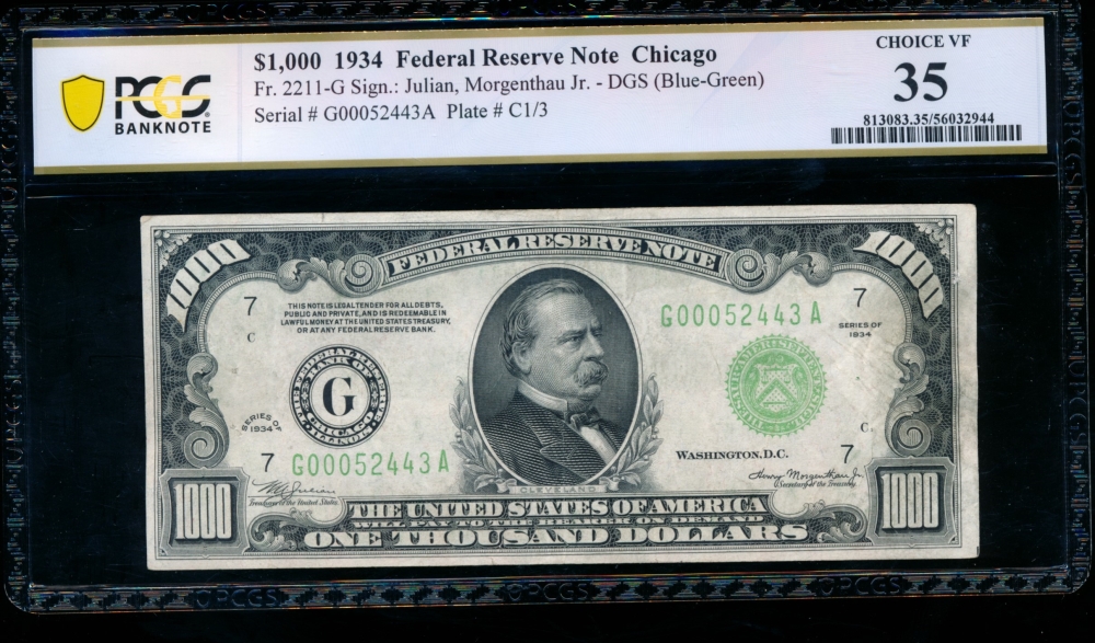 Fr. 2211-G 1934 $1,000  Federal Reserve Note Chicago PCGS 35 comment G00052443A