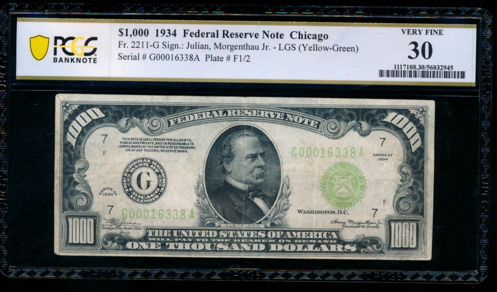 Fr. 2211-G 1934 $1,000  Federal Reserve Note Chicago LGS PCGS 30 G00016338A