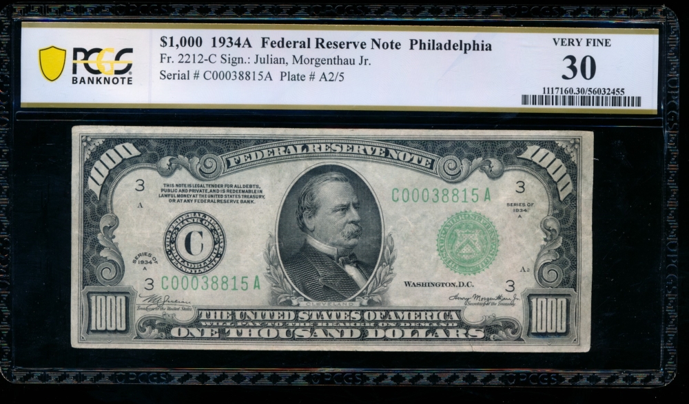 Fr. 2212-C 1934A $1,000  Federal Reserve Note Philadelphia PCGS 30 C00038815A