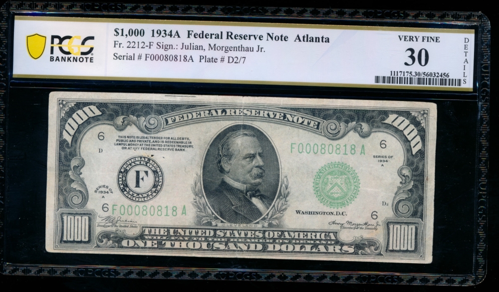 Fr. 2212-F 1934A $1,000  Federal Reserve Note Atlanta PCGS 30 details F00080818A