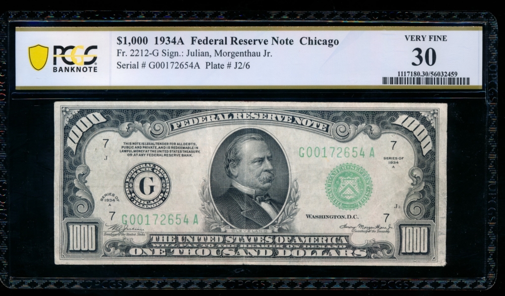 Fr. 2212-G 1934A $1,000  Federal Reserve Note Chicago PCGS 30 G00172654A